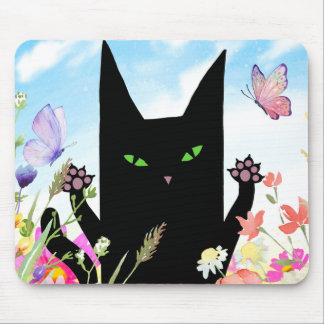 Black Cat Spring Fever:  Kitty and Flowers Mouse Pad