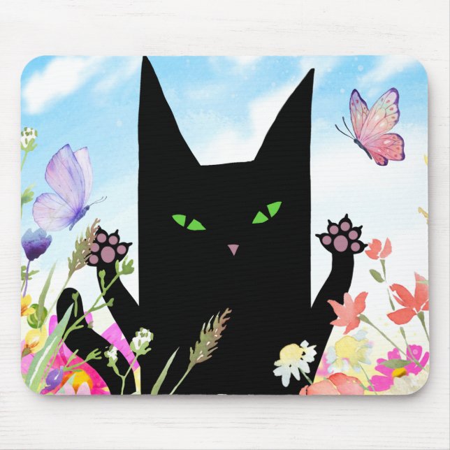 Black Cat Spring Fever:  Kitty and Flowers Mouse Pad (Front)