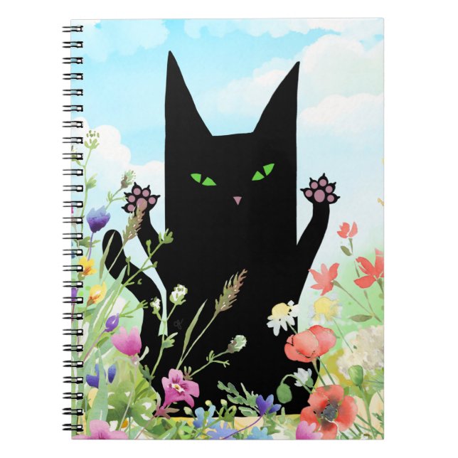Black Cat Spring Fever:  Kitty and Flowers Notebook (Front)