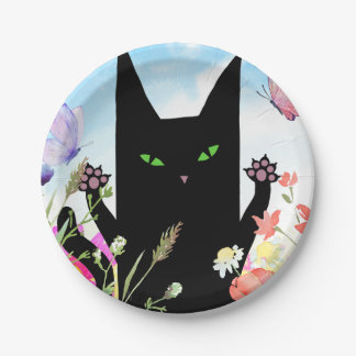 Black Cat Spring Fever:  Kitty and Flowers Paper Plates