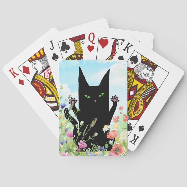Black Cat Spring Fever:  Kitty and Flowers Poker Cards (Back)