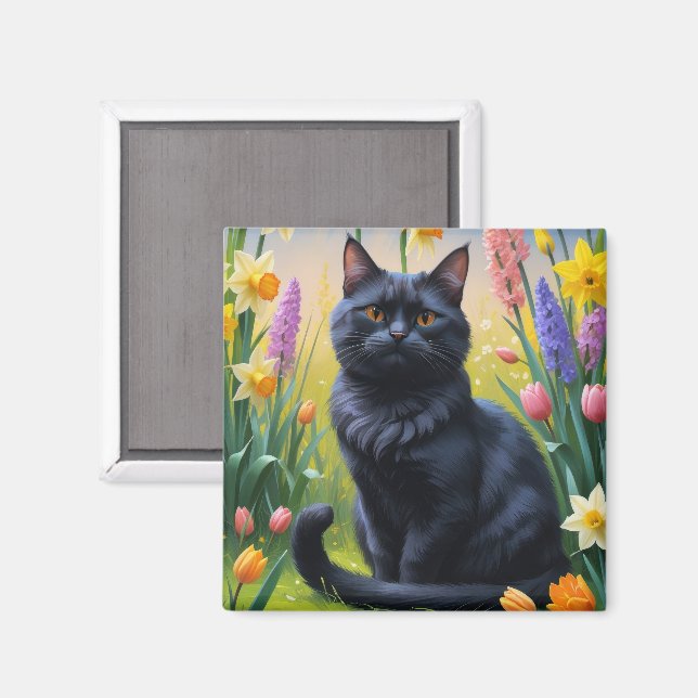 Black Cat Spring Flowers Painting Magnet (Front/Back)