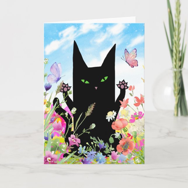 Black Cat Spring Greeting Card:  Kitty and Flowers Card (Front)