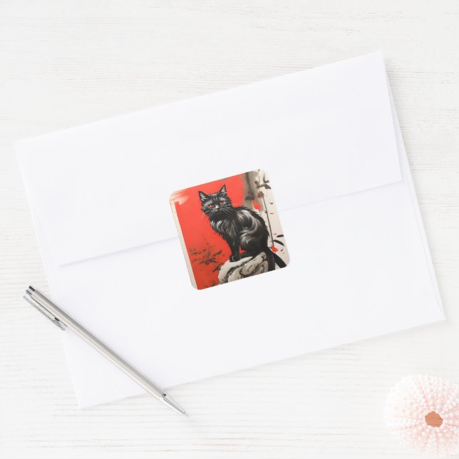 Black Cat Square Sticker (Envelope)