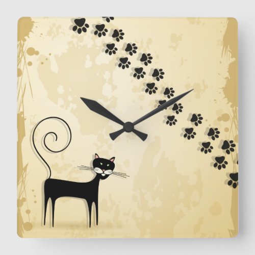 Black cat square wall clock