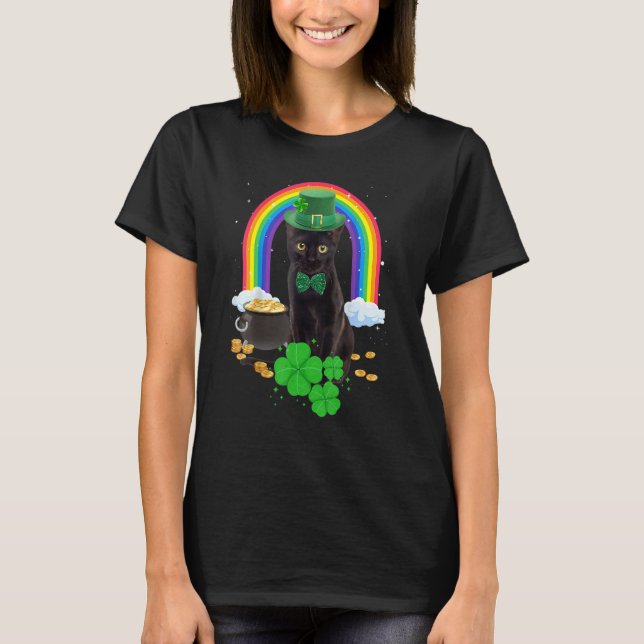 Black Cat St Patricks Day Leprechaun Costume Shamr T-Shirt (Front)