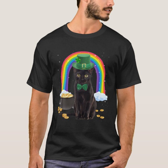 Black Cat St Patricks Day Leprechaun Costume Shamr T-Shirt (Front)