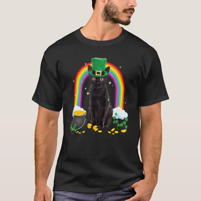 Black Cat St Patricks Day Leprechaun Costume Shamr T-Shirt (Front)