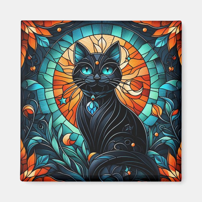 Black Cat Stained Glass Graphic Magnet (Front)