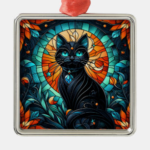 Black Cat Stained Glass Graphic Metal Ornament