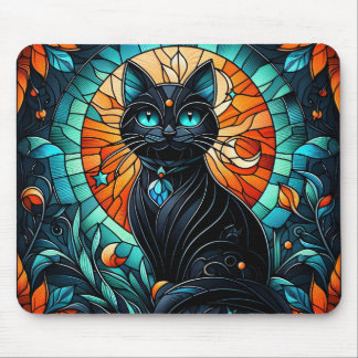 Black Cat Stained Glass Graphic Mouse Pad