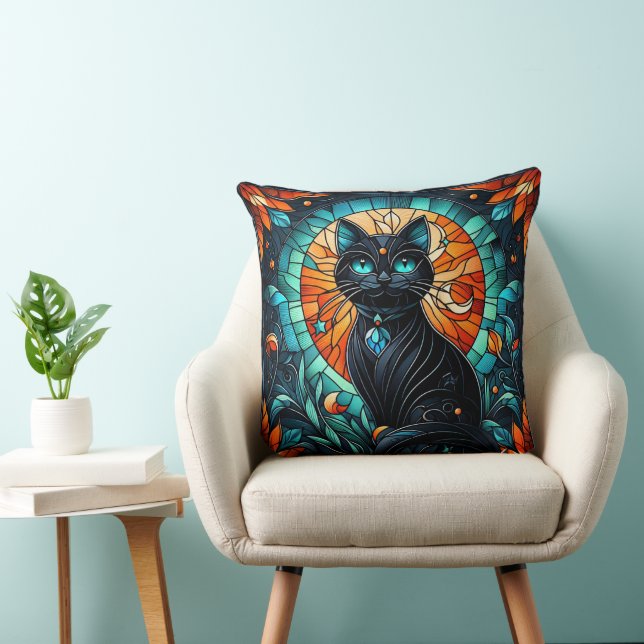 Black Cat Stained Glass Graphic Throw Pillow (Chair)