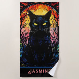 Black Cat Stained Glass Red Spooky Beach Towel