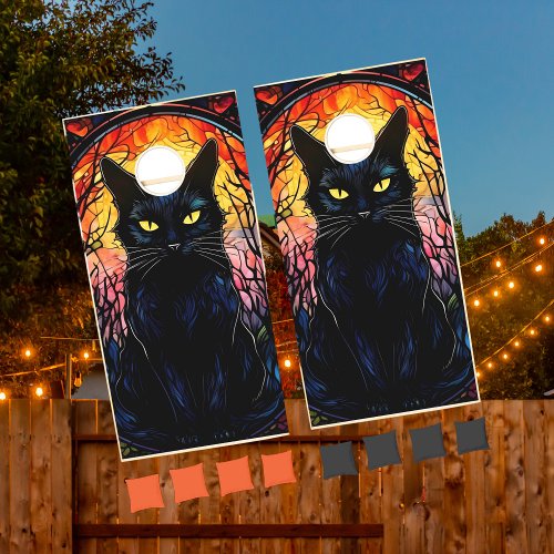 Black Cat Stained Glass Red Spooky Cornhole Set