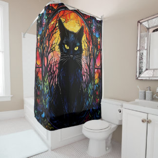 Black Cat Stained Glass Red Spooky Shower Curtain