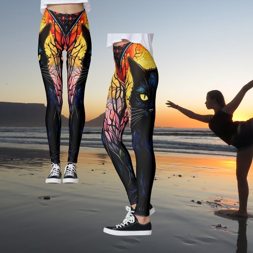 Black Cat Stained Glass Red Spooky Yoga Leggings