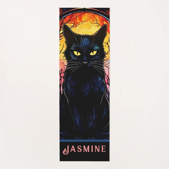 Black Cat Stained Glass Red Spooky Yoga Mat (Front)