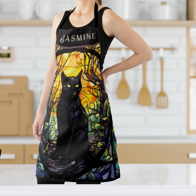 Black Cat Stained Glass Yellow  Apron (Black Cat Lover Stained Glass  Apron)