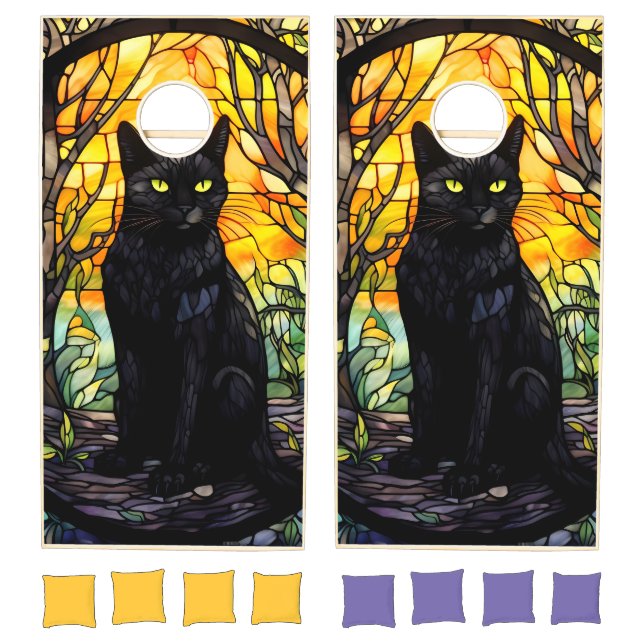 Black Cat Stained Glass Yellow  Cornhole Set (Set)