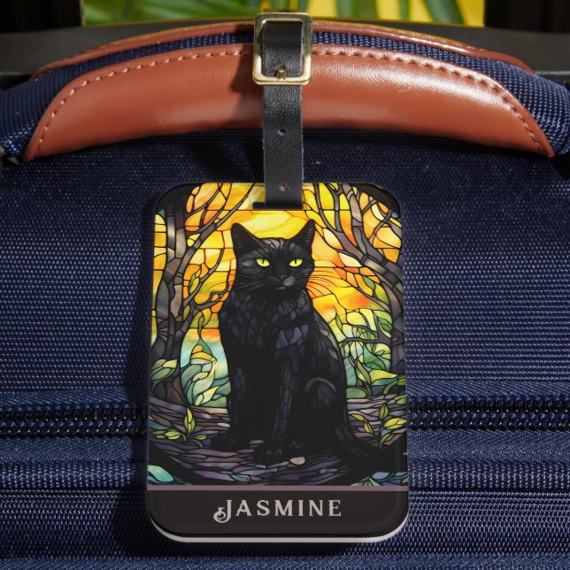 Black Cat Stained Glass Yellow  Luggage Tag (Front Insitu 2)