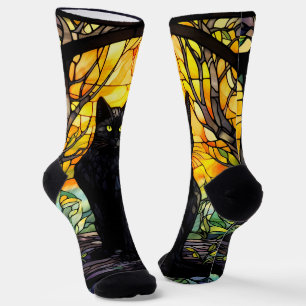 Black Cat Stained Glass Yellow Socks