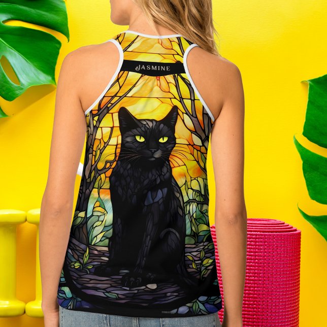 Black Cat Stained Glass Yellow Yoga Tank Top (Beautiful Black Cat Stained Glass Yoga Tee Shirt - Back)