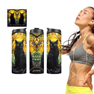 Black Cat Stained Glass Yellow Yoga Thermal Tumbler