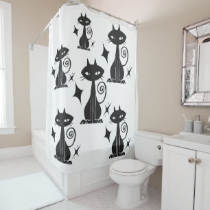 Black Cat Starburst Mid Century Modern Shower Curtain