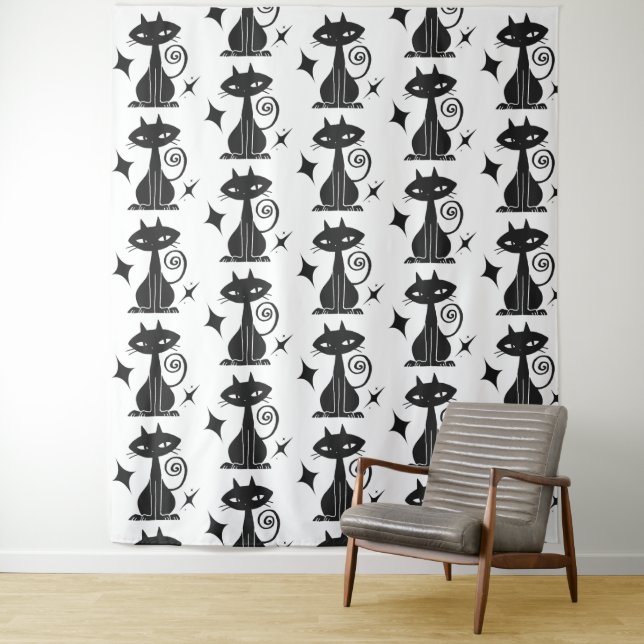 Black Cat Starburst Mid Century Modern Wall Tapestry (In Situ)