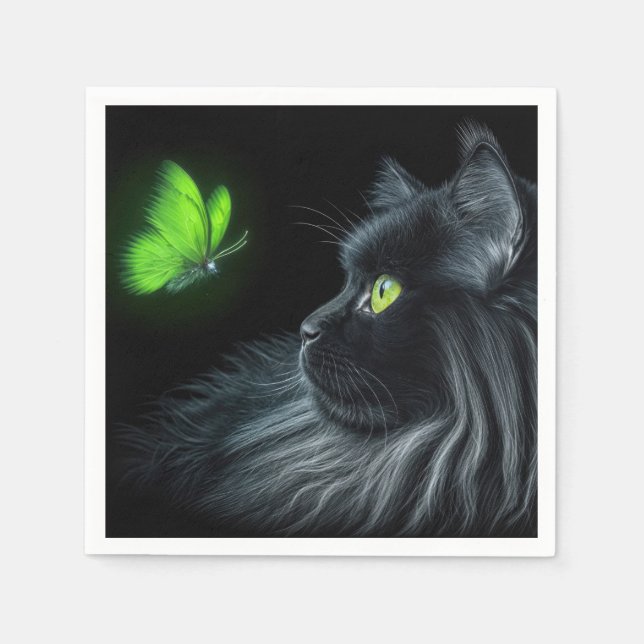 Black Cat Staring At a Glowing Green Butterfly Napkins (Front)