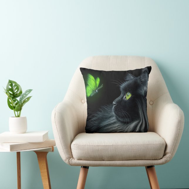 Black Cat Staring At a Glowing Green Butterfly Throw Pillow (Chair)