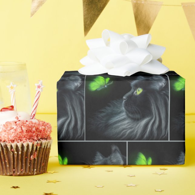 Black Cat Staring At a Glowing Green Butterfly Wrapping Paper (Birthday Party)