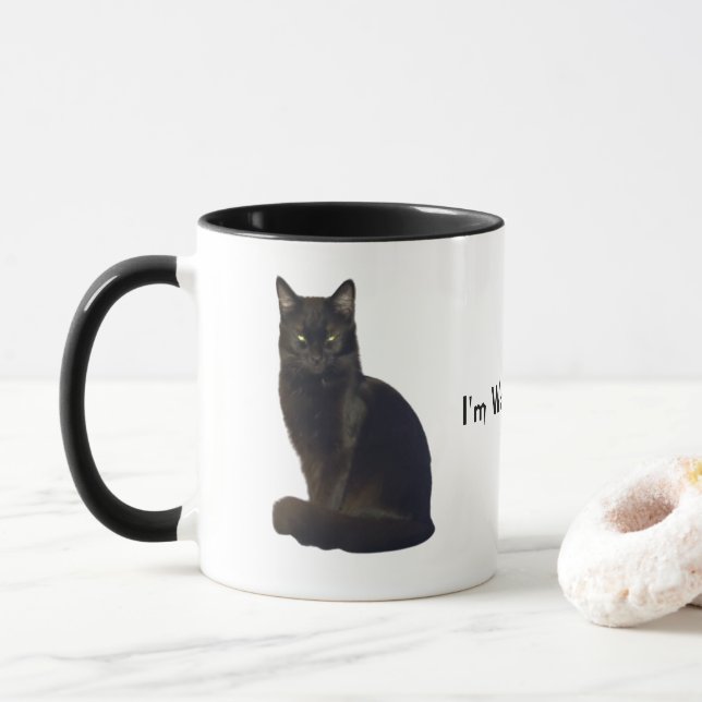 Black Cat Staring Eyes | I'm Watching You White Mug (With Donut)