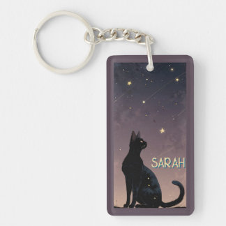 Black Cat Starry Night Celestial Feline Art Gift Keychain