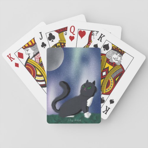 Black Cat Starry Night Painting Monogram  Playing Cards
