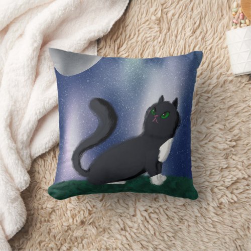 Black Cat Starry Night Painting  Throw Pillow