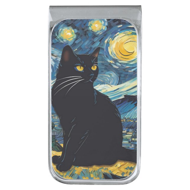 Black Cat Starry Night Rendition Money Clip (Front Vertical)