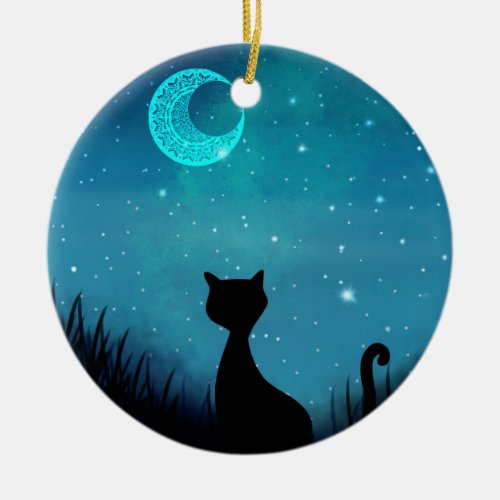 black cat Starry night sky crescent moon Ceramic Ornament