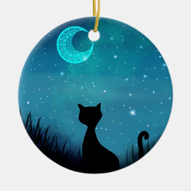 black cat Starry night sky crescent moon Ceramic Ornament (Front)