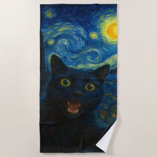 Black Cat Starry Night Van Gogh Cat Selfie Beach Towel