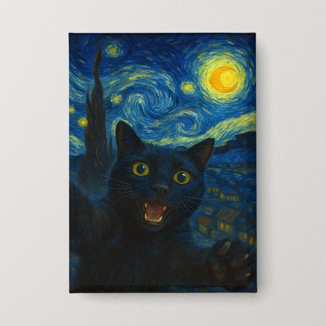 Black Cat Starry Night Van Gogh Cat Selfie  Button (Front)