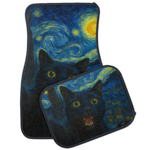 Black Cat Starry Night Van Gogh Cat Selfie Car Floor Mat