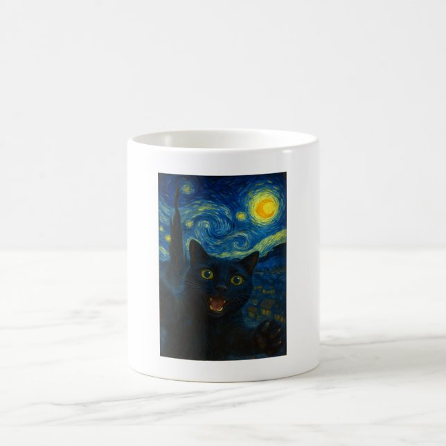 Black Cat Starry Night Van Gogh Cat Selfie  Coffee Mug (Center)