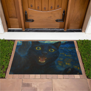 Black Cat Starry Night Van Gogh Cat Selfie  Doormat
