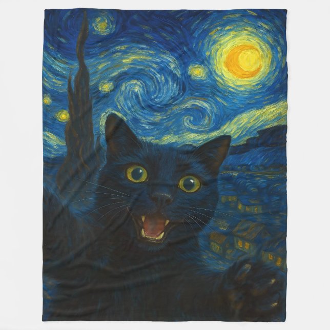 Black Cat Starry Night Van Gogh Cat Selfie  Fleece Blanket (Front)