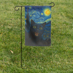 Black Cat Starry Night Van Gogh Cat Selfie  Garden Flag