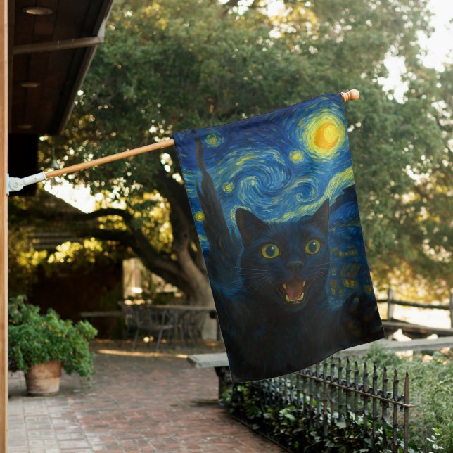 Black Cat Starry Night Van Gogh Cat Selfie  House Flag (In SItu)