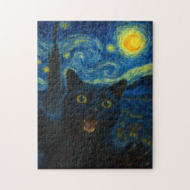 Black Cat Starry Night Van Gogh Cat Selfie  Jigsaw Puzzle (Vertical)