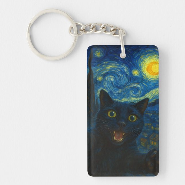 Black Cat Starry Night Van Gogh Cat Selfie  Keychain (Front)