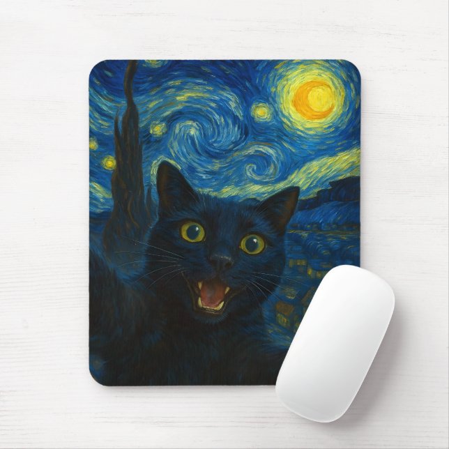 Black Cat Starry Night Van Gogh Cat Selfie  Mouse Pad (With Mouse)